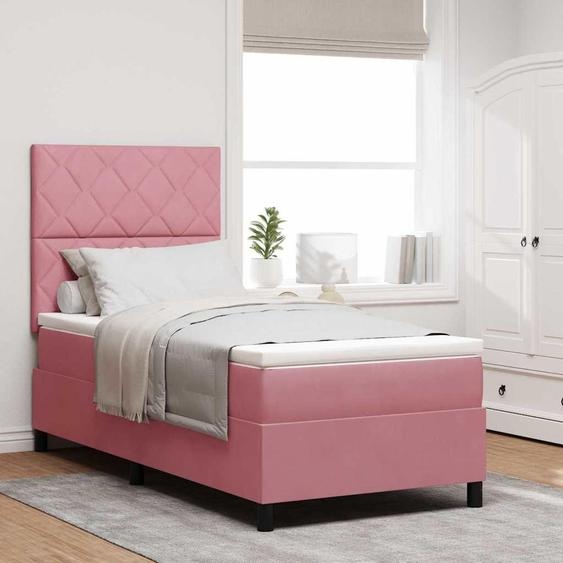Lit boxspring exclusif avec tête de lit en velours rose, dimensions 90 x 190 cm