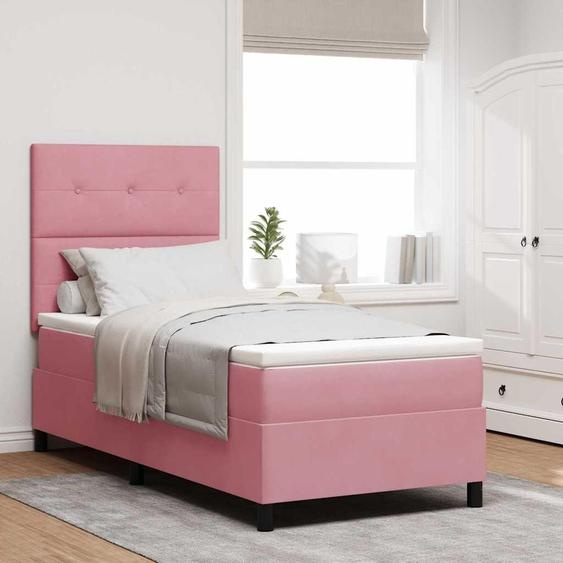 Lit boxspring exclusif avec tête de lit en velours rose, dimensions 90 x 190 cm
