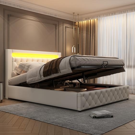 Lit boxspring hydraulique 160x200cm Lit rembourré avec coffre de lit et sommier à lattes, éclairage LED et fonction de rangement, lit double en PU, blanc
