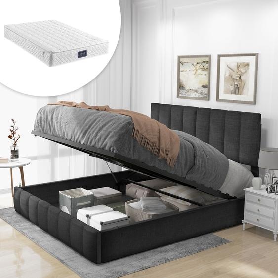 Lit boxspring hydraulique Merax 140x200cm Lit de rangement avec coffre de lit, lit double en lin avec matelas à ressorts, lit rembourré avec sommier à lattes et espace de rangement, gris
