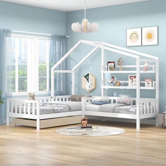 Lit cabane 90x200 cm + 140x70 cm pour enfants avec tiroirs et étagères, en bois massif avec barrière et sommier à lattes, blanc