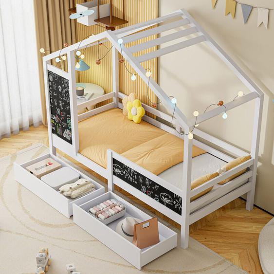 Sunfecili - lit cabane 90x200,lit enfant 90x200,sommier à lattes,avec barrière de sécurité,tableau noir et deux tiroirs,pin,blanc