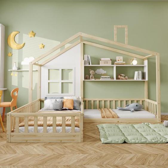 Lit cabane - Enfant - 90x200cm - Bois massif - 2 places - Avec étagères