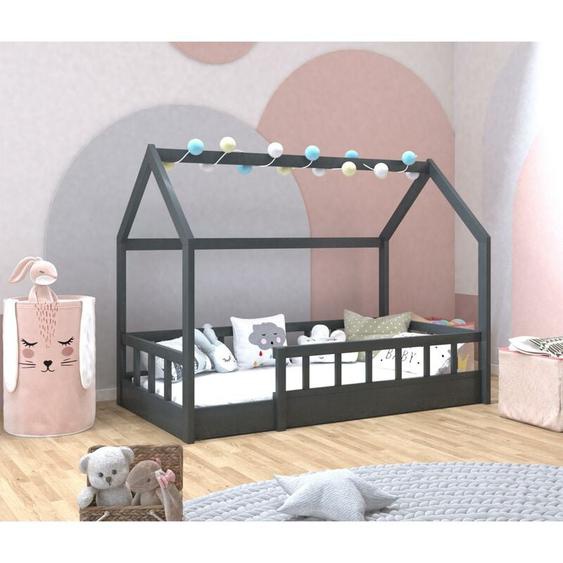 Hobag - Lit cabane enfant 80 x 160 cm orel gris avec sommier et barrières