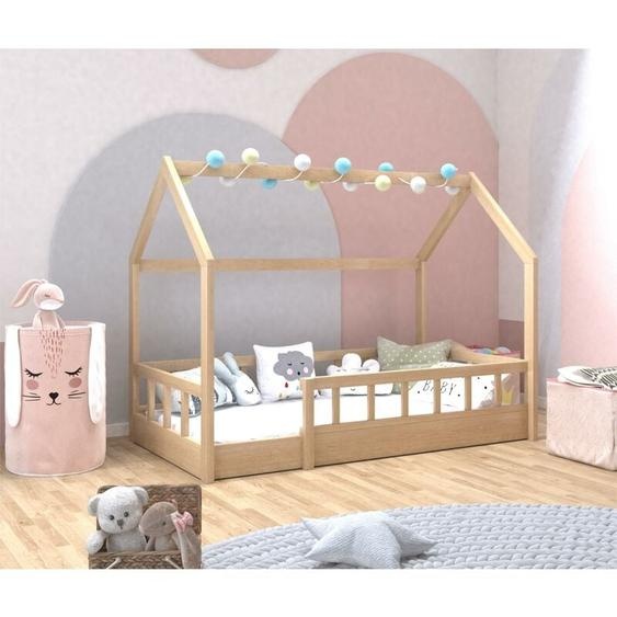 Lit cabane enfant 90 x 190 CM NOYA bois avec sommier et barrières