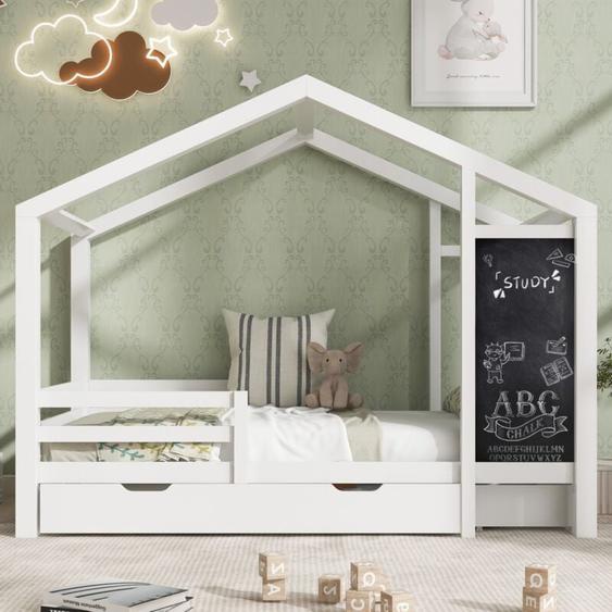 Lit cabane enfant 90x200 cm - avec tableau noir, 2 tiroirs, sommier à lattes, barrière, en pin massif - Blanc