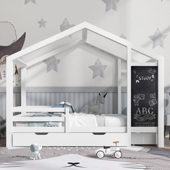 Eifson - Lit cabane enfant 90x200 cm, avec tableau noir et 2 tiroirs, avec rail antichute et sommier à lattes, pin, adapté aux enfants et adolescents