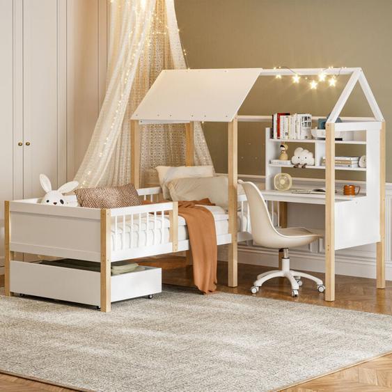 Hauss Spole - lit cabane enfant 90x200cm avec 1 tiroir de rangement+bureau et étagère, bois, sans matelas, blanc