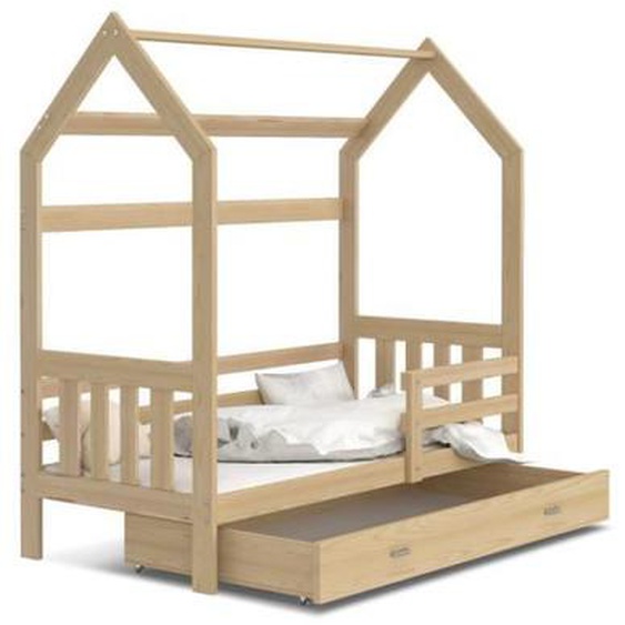 Lit cabane - MARQUE - 80 x 160 cm - Bois massif - Avec tiroir et barrière de sécurité