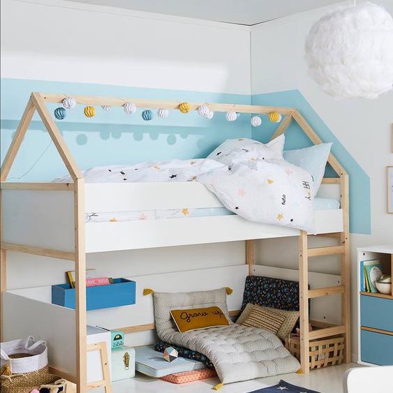Lit Cabane mi-hauteur blanc/bois