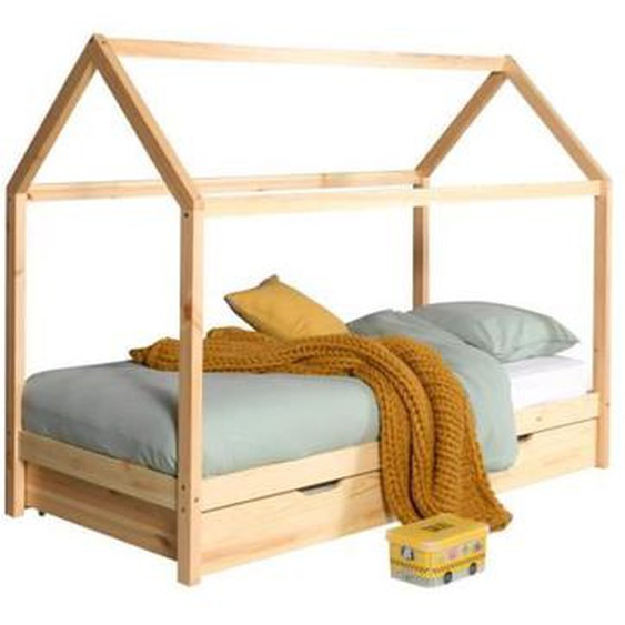 Lit Cabane - Pin - 90x200 - Sommier inclus - Tiroir gigogne