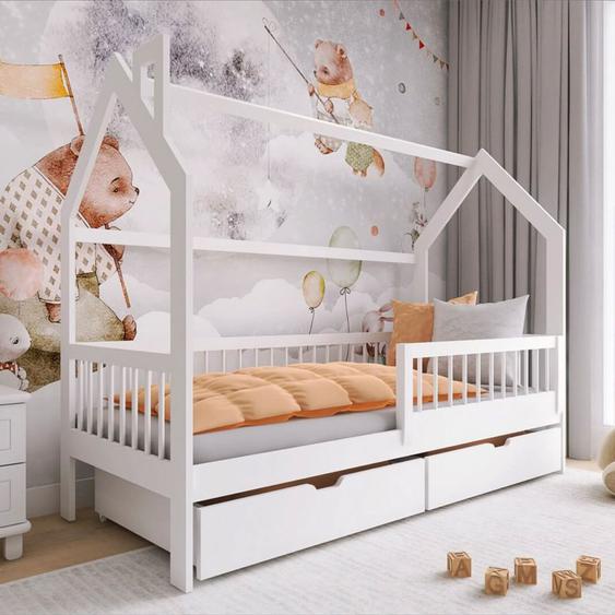 Lit cabane pour chambre enfant OSKAR avec tiroir de rangement - Blanc - 80 cm x 190 cm - Pin Massif