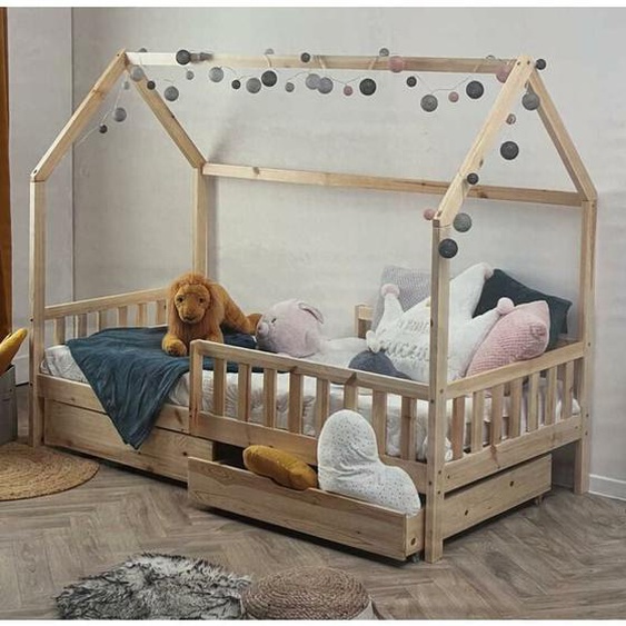 Kontarboor - Lit cabane pour Enfant en Bois Naturel 90x190 cm avec 2 tiroirs