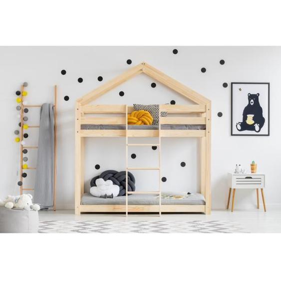 Lit cabane superposé - 2 places - 90 x 200 cm avec sommier en bois naturel