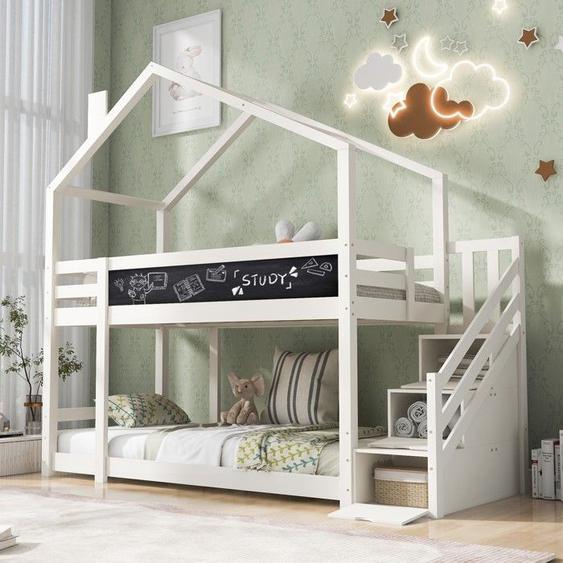 Lit cabane superposé 90 x 200 cm avec cheminée et rangement et barrières Lit enfant avec sommier et tableau - Pin massif -blanc