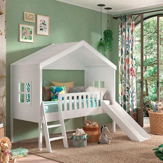 Lit Cabane Surélevé Avec Toboggan Imitation Bois Axel Blanc