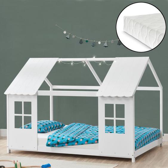 Lit cabane Tostedt pour enfant 140 x 200 cm avec matelas sommier à lattes bois de pin blanc [en.casa]