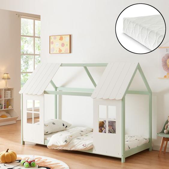 Lit cabane Tostedt pour enfant 90 x 200 cm avec matelas sommier à lattes bois de pin vert menthe blanc [en.casa]