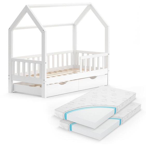 lit cabane Wiki, 80x160 cm avec lit dappoint et 2 matelas, Blanc, Vitalispa
