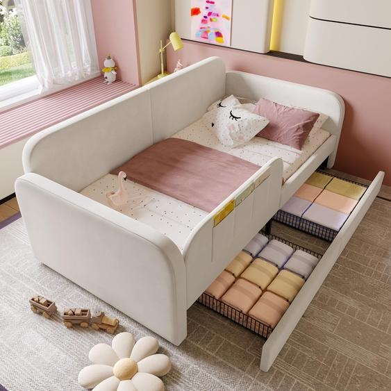 Lit canapé 90x200cm avec 3 poches, 2 tiroirs roulettes, velours MDF contreplaqué blanc