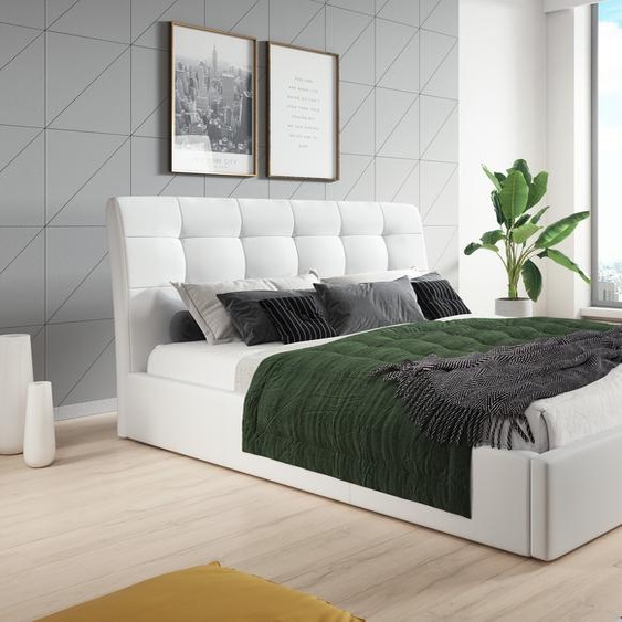 Lit capitonné 120x200 en cuir éco blanc avec sommier à lattes en bois et espace de rangement