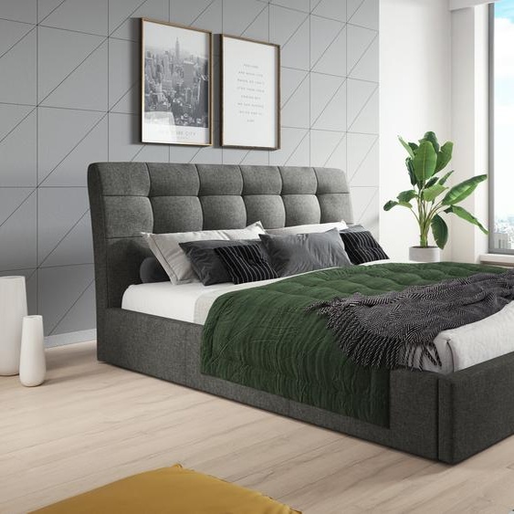 Lit capitonné 120x200 Lit en tissu gris avec sommier à lattes en bois et espace de rangement