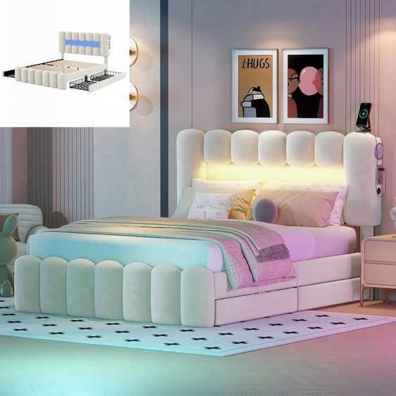 Lit capitonné - Aapaas - 140x200 cm - Éclairage LED - 4 tiroirs de rangement - Beige