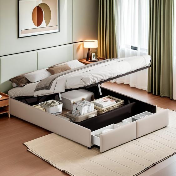 Lit capitonné 160 x 200cm, lit plateforme, lit capitonné sans tête de lit, avec rangement hydraulique et 2 tiroirs, beige