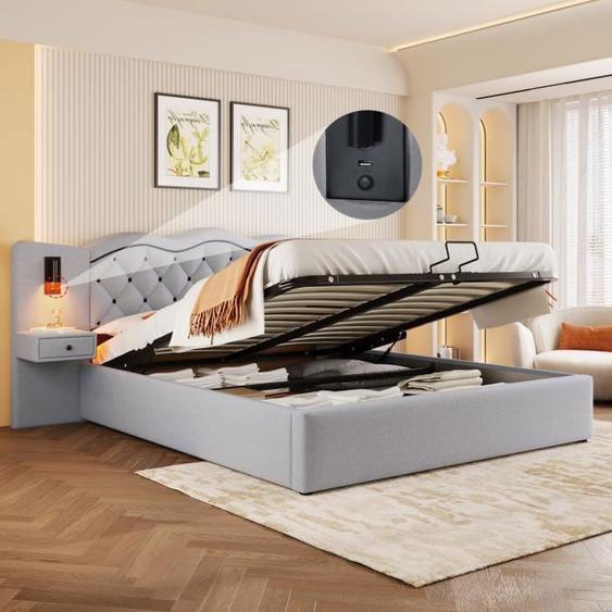 Lit capitonné 160x200cm Lit coffre Lit double rembourré en lin avec Lampes de chevet Tiroirs Rangement Ports USB et Lattes - gris