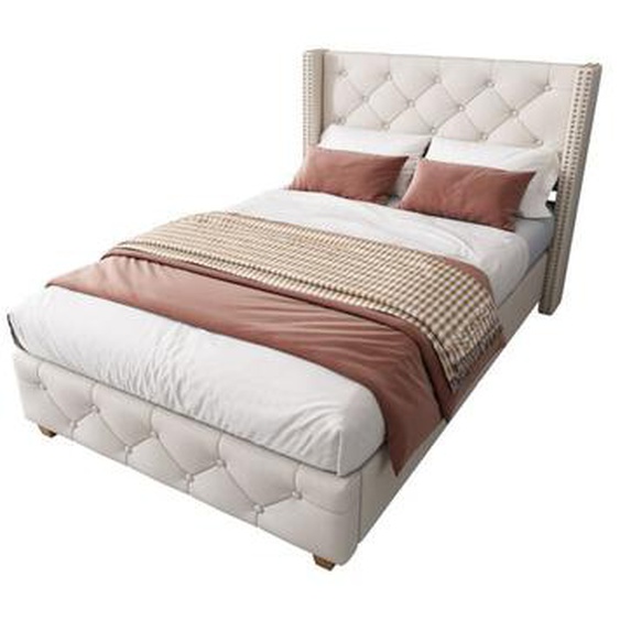 Lit capitonné 90200cm avec sommier à lattes et tête de lit, revêtement boutons, revêtement rivets, pieds bois, lin, beige