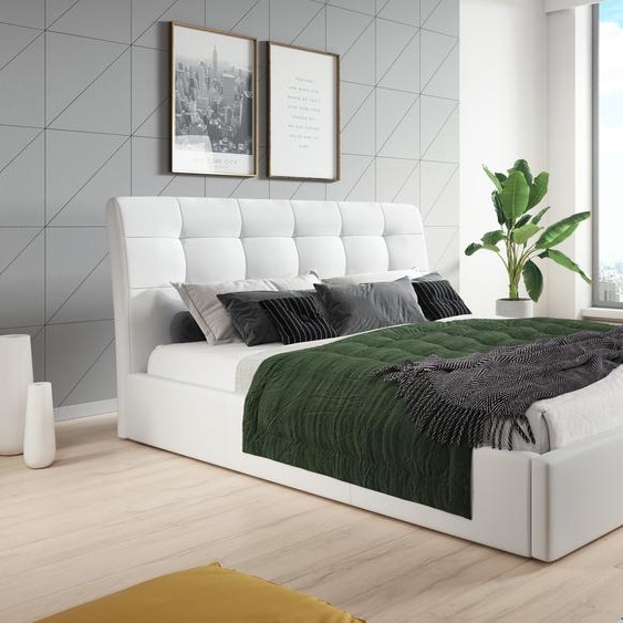 Lit capitonné 90x200 en simili-cuir blanc avec sommier à lattes en bois et espace de rangement