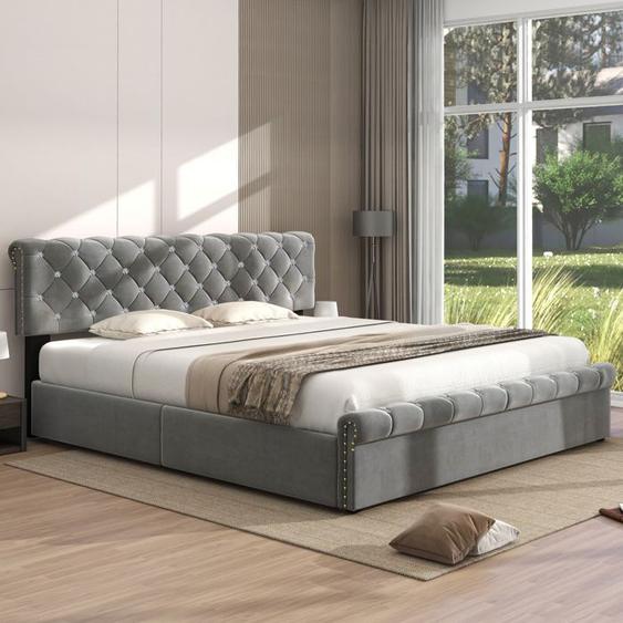 Lit capitonné, double 180*200cm, avec sommier à lattes et tête de lit, tête de lit réglable, velours, gris