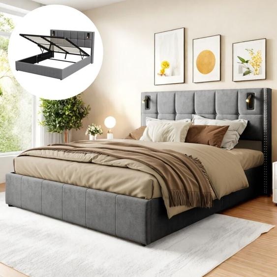 Lit coffre 140x190 cm, avec liseuse, rangement hydraulique, velours, sommier à lattes, adapté aux adolescents et adultes,Gris