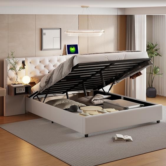 Lit Coffre 140x200 cm avec Sommier à Lattes, Tête de Lit Capitonnée en Velours Beige, Éclairage LED Intégré, 2 Tables de Chevet Suspendues, Mécanisme à Vérin Hydraulique, Lit Adulte Moderne