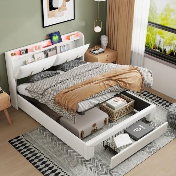 Lit coffre 140x200, lit double capitonné, tête de lit avec rangement caché, tiroirs au bout du lit, bande lumineuse de chevet, port de chargement