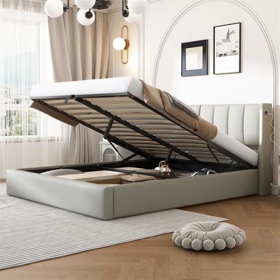 Lit coffre - Non spécifié - 140x200cm - PU étanche - Tête de lit réglable LED - Port USB