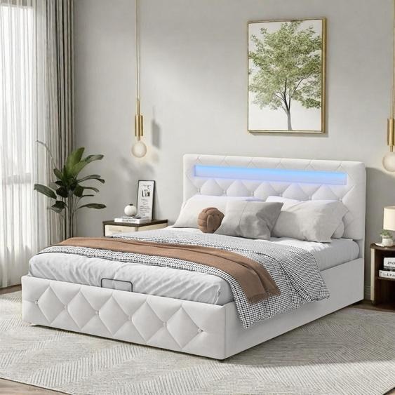 Lit coffre 140x200cm en velours abricot avec LED multicolores, tête de lit réglable, prise EU & rangement hydraulique