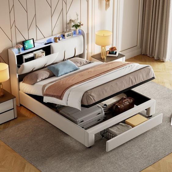 Lit coffre 140x200cm, tissu velours, avec interface de chargement usb et Type-C, 1 tiroir, Lit double avec tête de lit éclairée par led, sommier à
