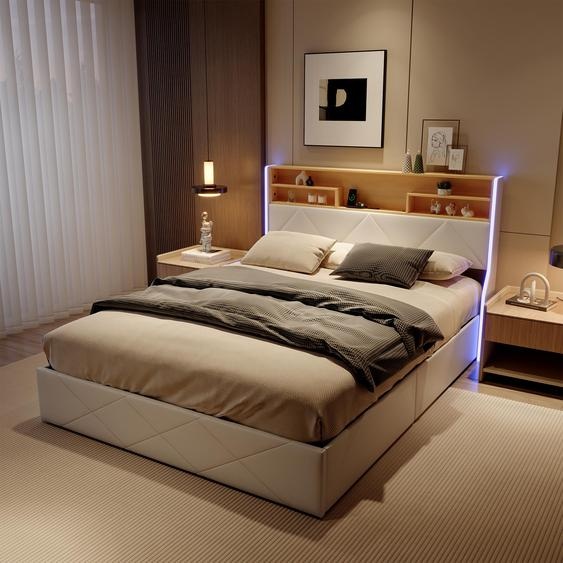 Lit coffre 160x200 cm en simili cuir blanc et chêne clair, tête de lit avec rangements, prises USB et bandes LED