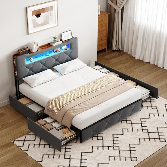 Lit coffre 160x200 cm en velours gris avec tête de lit lumineuse et chargeur intégré, 4 tiroirs de rangement, structure métal