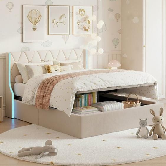 Lit Coffre 160x200 cm, Lit Double Rangement, Éclairage LED, Base à Lattes, Tissu en Velours, Idéal pour Adultes et Adolescents, Beige
