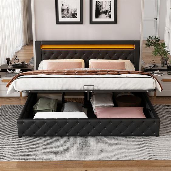 Lit coffre 160x200 cm - Lit LED rembourré de rangement avec sommier à lattes + tête de lit cadre de lit en PU - Noir