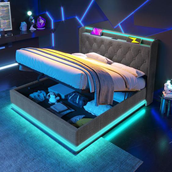 Lit coffre 160x200cm - en lin - avec LED et prises USB & Type-C - style moderne - Gris