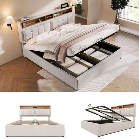 Lit coffre 160x200cm, lit adulte avec port USB et prise C, tête de lit réglable, sommier à lattes, tissu en lin, beige