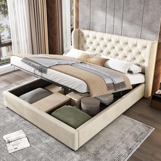 Lit coffre 160x200cm, lit adulte, sommier à lattes, tissu en velours, beige