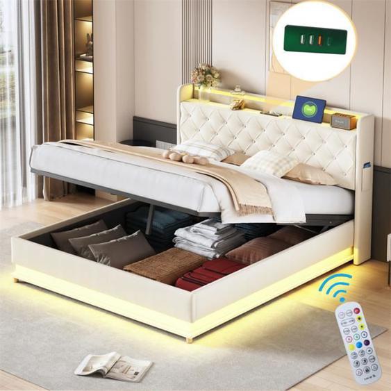 Lit coffre 160x200cm - MARQUE - Beige - LED - USB - Tiroirs de rangement