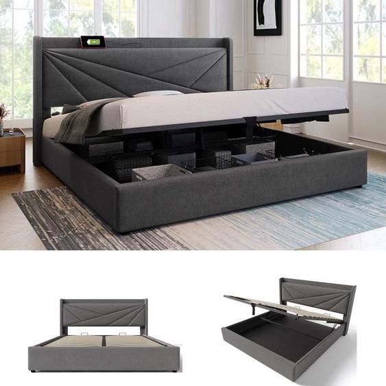 Lit coffre 160x200cm - MODERNLUXE - Gris - Sommier à lattes - Tissu en lin