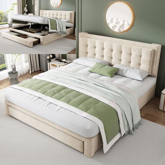 Lit coffre 180 x 200 cm avec 2 tiroirs, tête de lit réglable en hauteur, velours, style scandinave, lit adulte Beige