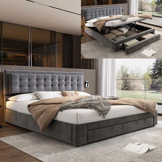 Lit coffre 180 x 200 cm avec 2 tiroirs, tête de lit réglable en hauteur, velours, style scandinave, lit adulte Gris