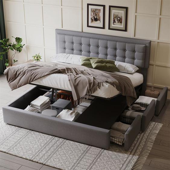 Lit coffre 180x200 cm avec sommier à lattes, lit double 180x200 cm avec 3 tiroirs, tissu en lin, gris
